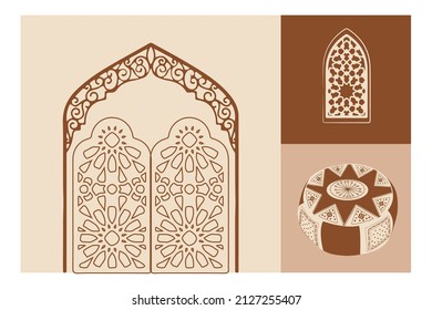 Moroccan scene. A Moroccan door, window and traditional craftsmanship. Terracotta background. Modern and minimalist style. Vector illustration.