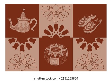 Moroccan scene. A Moroccan door, window and traditional craftsmanship. Terracotta background. Modern and minimalist style. Vector illustration.