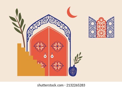 Moroccan scene. A Moroccan doors, windows and traditional craftsmanship. Terracotta background. Modern and minimalist style. Vector illustration.