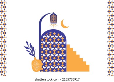 Moroccan scene set, house, door, window and traditional mosaic pattern. Islamic window and gate shape set. Silhouette of Arabic door and window colored in blue and gold color. Vector illustration.