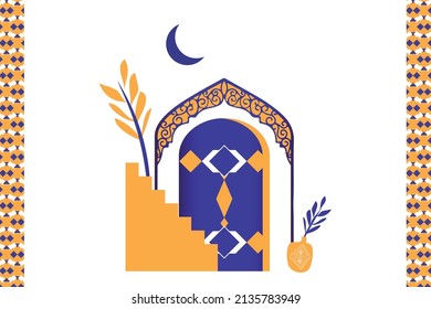 Moroccan Scene Set, House, Door, Window And Traditional Mosaic Pattern. Islamic Window And Gate Shape Set. Silhouette Of Arabic Door And Window Colored In Blue And Gold Color. Vector Illustration.