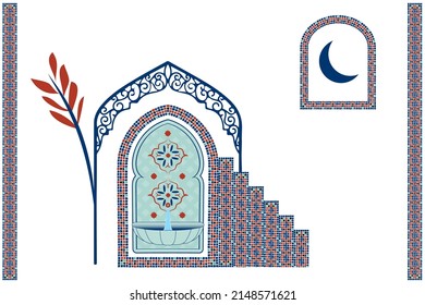 Moroccan scene set, house, door, window and traditional mosaic pattern. Islamic window and gate shape set. Silhouette of Arabic door and window. Vector illustration.	