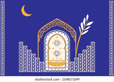 Moroccan Scene Set, House, Door, Window And Traditional Mosaic Pattern. Islamic Window And Gate Shape Set. Silhouette Of Arabic Door And Window Colored In Blue And Gold Color. Vector Illustration.	