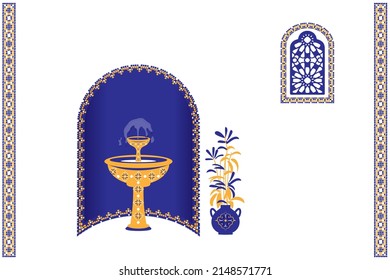 Moroccan scene set, house, door, window and traditional mosaic pattern. Islamic window and gate shape set. Silhouette of Arabic door and window colored in blue and gold color. Vector illustration.	