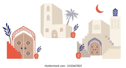Escena marroquí. Mezquita marroquí, puertas, ventanas y artesanía tradicional. Fondo de terracota. Estilo moderno y minimalista. Ilustración vectorial.
