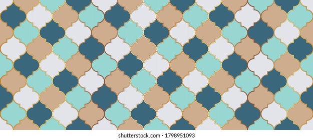Moroccan Seamless Mosaic Texture. Traditional Ramadan Golden Mosque Shape. Eid Mubarak Islamic Illustration. Iranian Mosque Window Tile. Seamless Moroccan Pattern Ramadan Kareem Muslim Background.