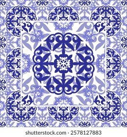 Moroccan Seamless Pattern Arabesque in blue and white. Moroccan azulejo pattern, majolica tile,Talavera, Damask, marrakech. Portuguese, dutch azulejo tile pattern, Mediterranean ceramic, patchwork