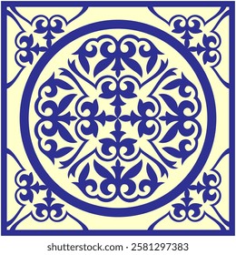 Moroccan Seamless Pattern Arabesque blue, ivory. Moroccan azulejo pattern, majolica tile,Talavera, Damask, Portuguese. Elegant Seamless pattern for tiles, ceramics, porcelain, embroidery, sandblasting