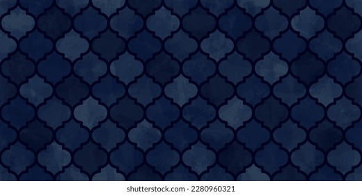 Moroccan Seamless Pattern. Arabic Mosaic Watercolor Ornament. Eid Mubarak Muslim Background. Ramadan Kareem Islamic Illustration. Turkish Mosque Window Shape.