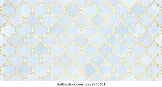 Moroccan Seamless Pattern. Arabic Mosaic Watercolor Ornament. Eid Mubarak Muslim Background. Ramadan Kareem Islamic Illustration. Turkish Mosque Window Shape.