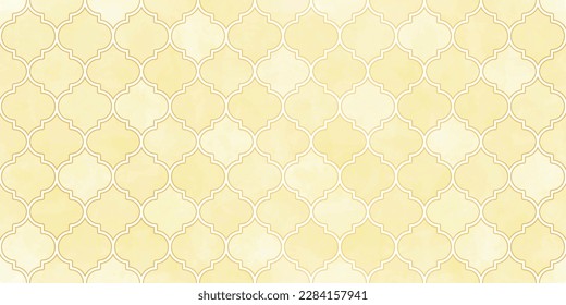 Moroccan Seamless Pattern. Arabic Mosaic Watercolor Ornament. Eid Mubarak Muslim Background. Ramadan Kareem Islamic Illustration. Turkish Mosque Window Shape.