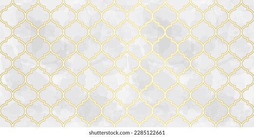 Moroccan Seamless Pattern. Arabic Mosaic Watercolor Ornament. Eid Mubarak Muslim Background. Ramadan Kareem Islamic Illustration. Turkish Mosque Window Shape.