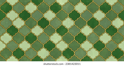 Moroccan Seamless Pattern. Arabic Mosaic Watercolor Ornament. Eid Mubarak Muslim Background. Ramadan Kareem Islamic Illustration. Turkish Mosque Window Shape.