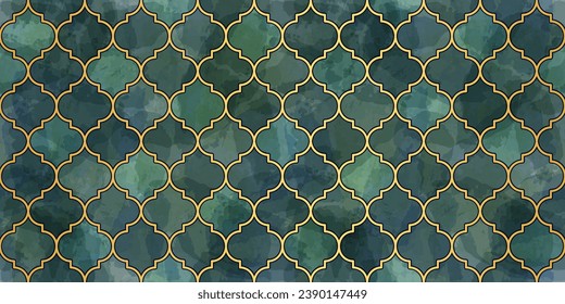 Moroccan Seamless Pattern. Arabic Mosaic Watercolor Ornament. Eid Mubarak Muslim Background. Ramadan Kareem Islamic Illustration. Turkish Mosque Window Shape.
