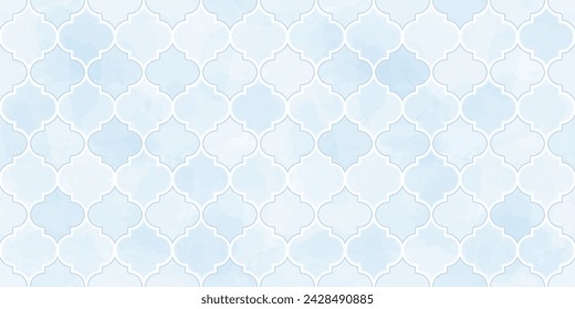 Moroccan Seamless Pattern. Arabic Mosaic Watercolor Ornament. Eid Mubarak Muslim Background. Ramadan Kareem Islamic Illustration. Turkish Mosque Window Shape.