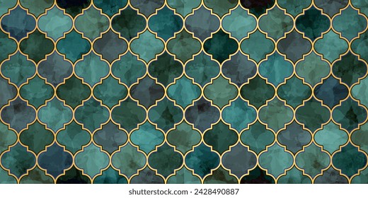 Moroccan Seamless Pattern. Arabic Mosaic Watercolor Ornament. Eid Mubarak Muslim Background. Ramadan Kareem Islamic Illustration. Turkish Mosque Window Shape.