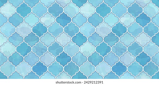 Moroccan Seamless Pattern. Arabic Mosaic Watercolor Ornament. Eid Mubarak Muslim Background. Ramadan Kareem Islamic Illustration. Turkish Mosque Window Shape.