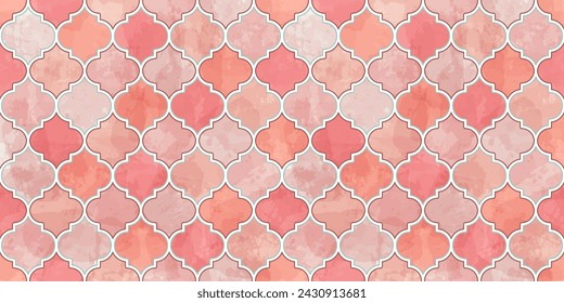 Moroccan Seamless Pattern. Arabic Mosaic Watercolor Ornament. Eid Mubarak Muslim Background. Ramadan Kareem Islamic Illustration. Turkish Mosque Window Shape.