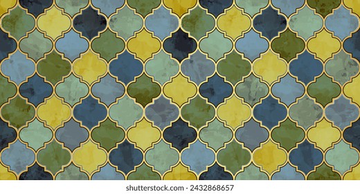 Moroccan Seamless Pattern. Arabic Mosaic Watercolor Ornament. Eid Mubarak Muslim Background. Ramadan Kareem Islamic Illustration. Turkish Mosque Window Shape.