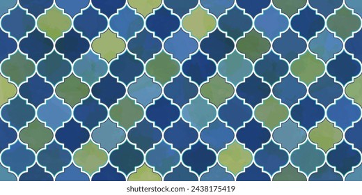 Moroccan Seamless Pattern. Arabic Mosaic Watercolor Ornament. Eid Mubarak Muslim Background. Ramadan Kareem Islamic Illustration. Turkish Mosque Window Shape.