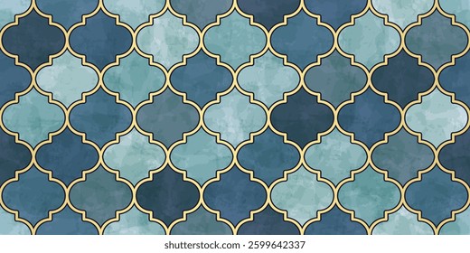 Moroccan Seamless Pattern. Arabic Mosaic Watercolor Ornament. Eid Mubarak Muslim Background. Ramadan Kareem Islamic Illustration. Turkish Mosque Window Shape.