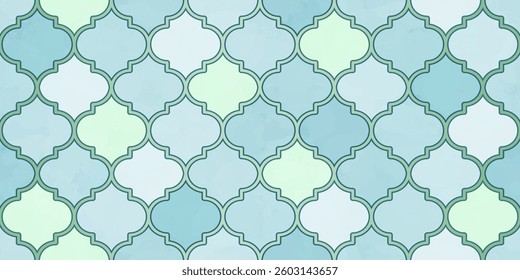 Moroccan Seamless Pattern. Arabic Mosaic Watercolor Ornament. Eid Mubarak Muslim Background. Ramadan Kareem Islamic Illustration. Turkish Mosque Window Shape.
