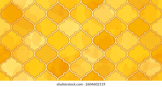 Moroccan Seamless Pattern. Arabic Mosaic Watercolor Ornament. Eid Mubarak Muslim Background. Ramadan Kareem Islamic Illustration. Turkish Mosque Window Shape.
