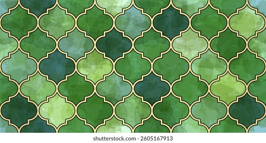 Moroccan Seamless Pattern. Arabic Mosaic Watercolor Ornament. Eid Mubarak Muslim Background. Ramadan Kareem Islamic Illustration. Turkish Mosque Window Shape.
