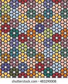 Moroccan seamless pattern. Geometric Flowers. Patchwork ornament. Colorful islamic background.