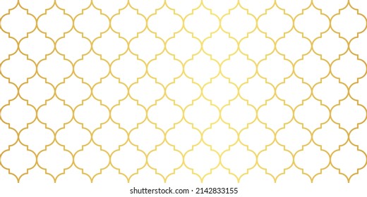 Moroccan Seamless Pattern. Gold Turkish Mosque Window Shape. Arabic Mosaic Golden Background. Eid Mubarak Muslim Ornament. Ramadan Kareem Islamic Illustration