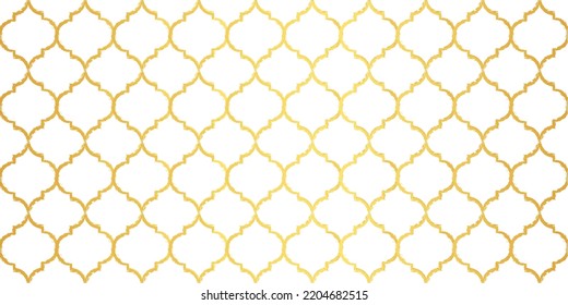 Moroccan Seamless Pattern. Gold Turkish Mosque Window Shape. Arabic Mosaic Golden Background. Eid Mubarak Muslim Ornament. Ramadan Kareem Islamic Illustration