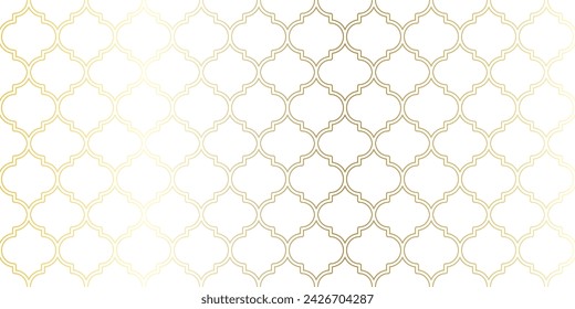 Moroccan Seamless Pattern. Gold Turkish Mosque Window Shape. Arabic Mosaic Golden Background. Eid Mubarak Muslim Ornament. Ramadan Kareem Islamic Illustration