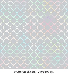 Moroccan seamless pattern. Grey Islamic background. Mosque window holographic gradient grid mosaic texture.