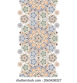 Moroccan seamless pattern. Islamic mosaic motif. Colorful decorative border embellishment. Moroccan ornament. Vector Illustration