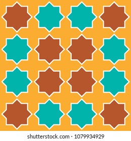 Moroccan seamless pattern, Morocco. Patchwork mosaic with traditional folk geometric ornament orange blue brown. Tribal oriental style. Vector 