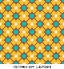 Moroccan seamless pattern, Morocco. Patchwork mosaic traditional folk geometric ornament blue brown burgundy orange white. Tribal oriental style. Can be used for fabrics, wallpapers, websites. Vector
