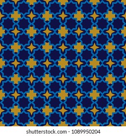 Moroccan seamless pattern, Morocco. Patchwork mosaic with traditional folk geometric ornament orange blue gold. Tribal oriental style. Vector