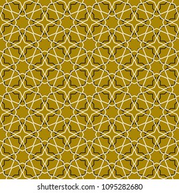 Moroccan seamless pattern, Morocco. Patchwork mosaic with traditional folk geometric ornament gold black white. Tribal oriental style. Can be used for fabrics, wallpapers, websites. Vector