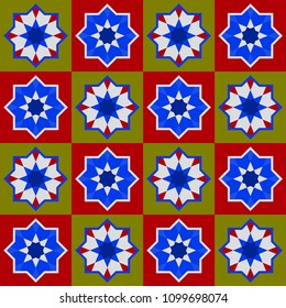 Moroccan seamless pattern, Morocco. Patchwork mosaic traditional folk geometric ornament burgundy green blue red white. Tribal oriental style. Can be used for fabrics, wallpapers, websites. Vector