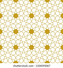 Moroccan seamless pattern, Morocco. Patchwork mosaic with traditional folk geometric ornament gold white. Tribal oriental style. Can be used for fabrics, wallpapers, websites. Vector