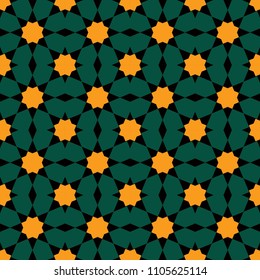 Moroccan seamless pattern, Morocco. Patchwork mosaic traditional folk geometric ornament black green orange. Tribal oriental style. Can be used for fabrics, wallpapers, websites. Vector