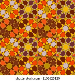 Moroccan seamless pattern, Morocco. Patchwork mosaic with traditional folk geometric ornament burgundy maroon red gold yellow. Tribal oriental style. Vector