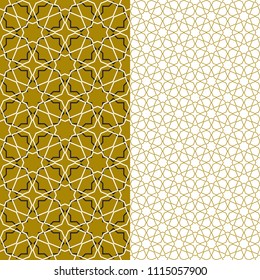 Moroccan seamless pattern, Morocco. Patchwork mosaic with traditional folk geometric ornament gold black white. Tribal oriental style. Can be used for card banner fabrics wallpapers, websites. Vector