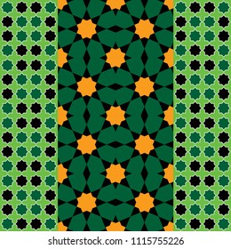 Moroccan seamless pattern, Morocco. Patchwork mosaic traditional folk geometric ornament black green orange. Tribal oriental style. Can be used for fabrics, wallpapers, websites. Vector
