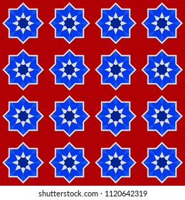 Moroccan seamless pattern, Morocco. Patchwork mosaic traditional folk geometric ornament burgundy navy blue cobalt red white. Tribal oriental style. Can be used for fabrics, wallpapers. Vector