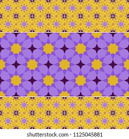 Moroccan seamless pattern, Morocco. Patchwork mosaic traditional folk geometric ornament lilac purple orange. Tribal oriental style. Can be used for fabrics, wallpapers, websites. Vector
