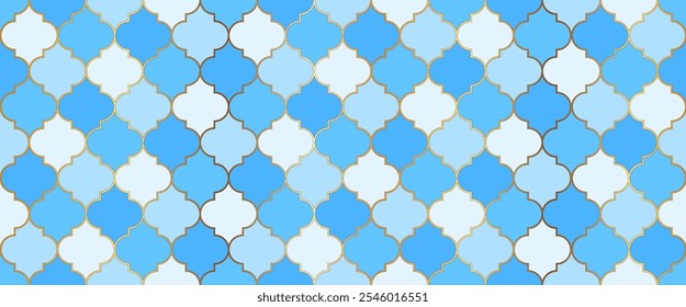 Moroccan Seamless Pattern Traditional Ramadan Mosque Golden Grid. Ramadan Kareem Muslim Illustration. Turkish Mosque Window Motif. Eid Mubarak Islam Background. Moroccan Seamless Mosaic Texture.