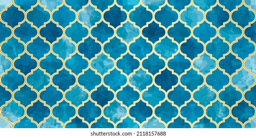 Moroccan Seamless Pattern. Turkish Mosque Window Shape. Arabic Mosaic Watercolor Ornament Background. Eid Mubarak Muslim Decoration. Ramadan Kareem Islamic Illustration