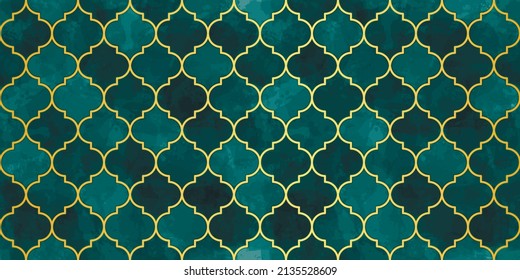 Moroccan Seamless Pattern. Turkish Mosque Window Shape. Arabic Mosaic Watercolor Ornament Background. Eid Mubarak Muslim Decoration. Ramadan Kareem Islamic Illustration