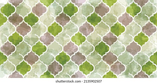 Moroccan Seamless Pattern. Turkish Mosque Window Shape. Arabic Mosaic Watercolor Ornament Background. Eid Mubarak Muslim Decoration. Ramadan Kareem Islamic Illustration